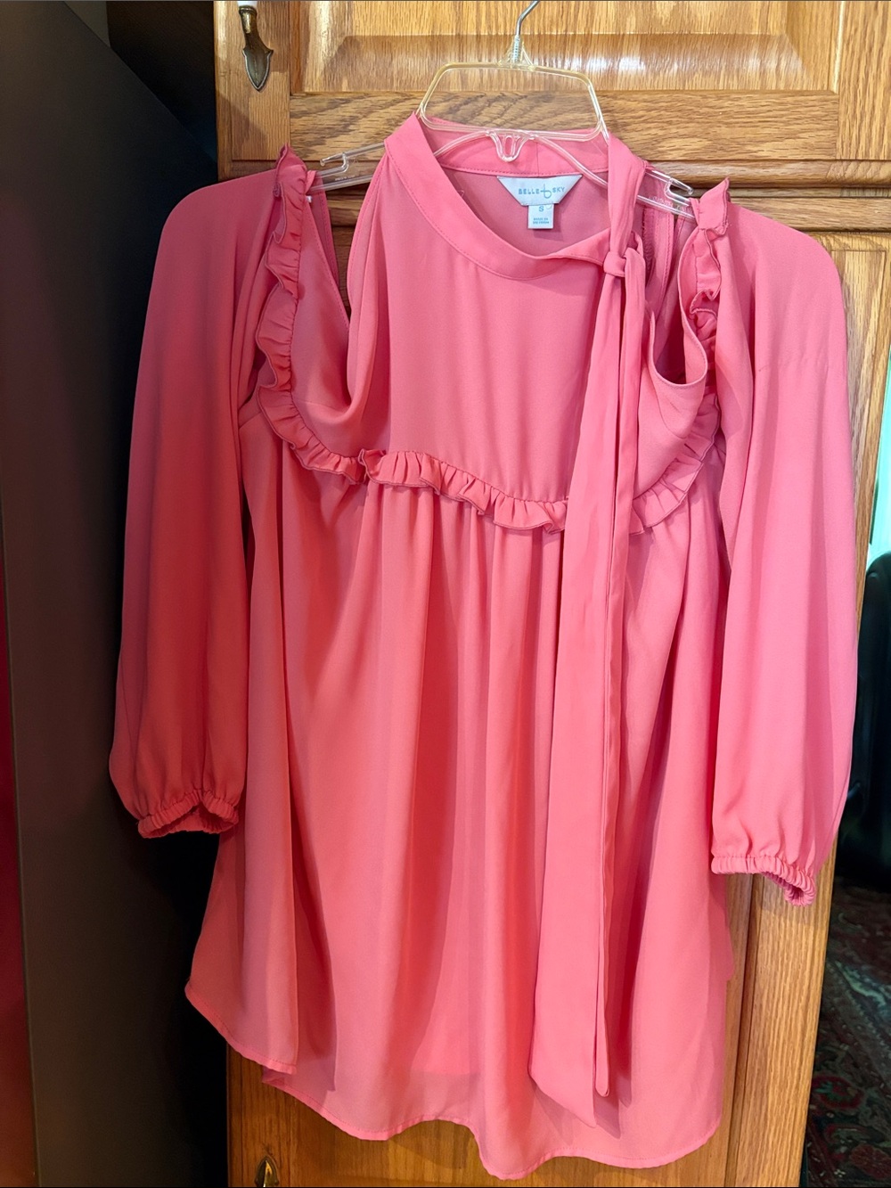 belle sky Coral Pink Ruffle Tie-Detail Blouse